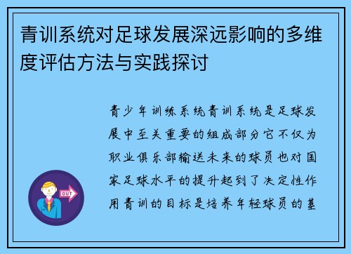 青训系统对足球发展深远影响的多维度评估方法与实践探讨